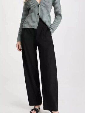 NWOT Vince Pleated Stretch Linen High-Waist Wide-Leg Pull-On Black Pants Plus 3X